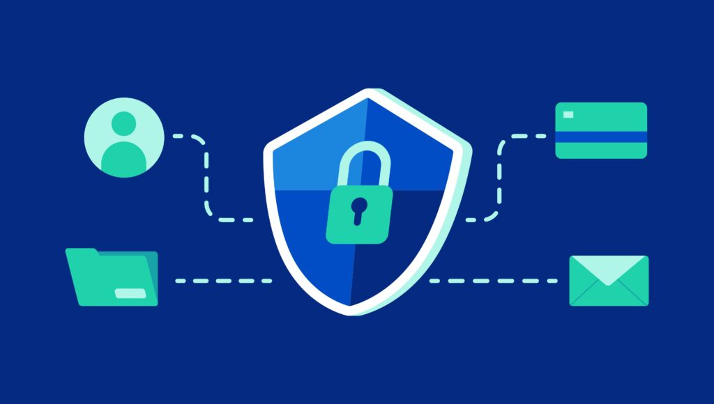 Shield with a lock on it, protecting user information by Erone Stuff on Unsplash: https://unsplash.com/illustrations/a-blue-background-with-a-padlock-and-icons-5uzMFiMmQiU