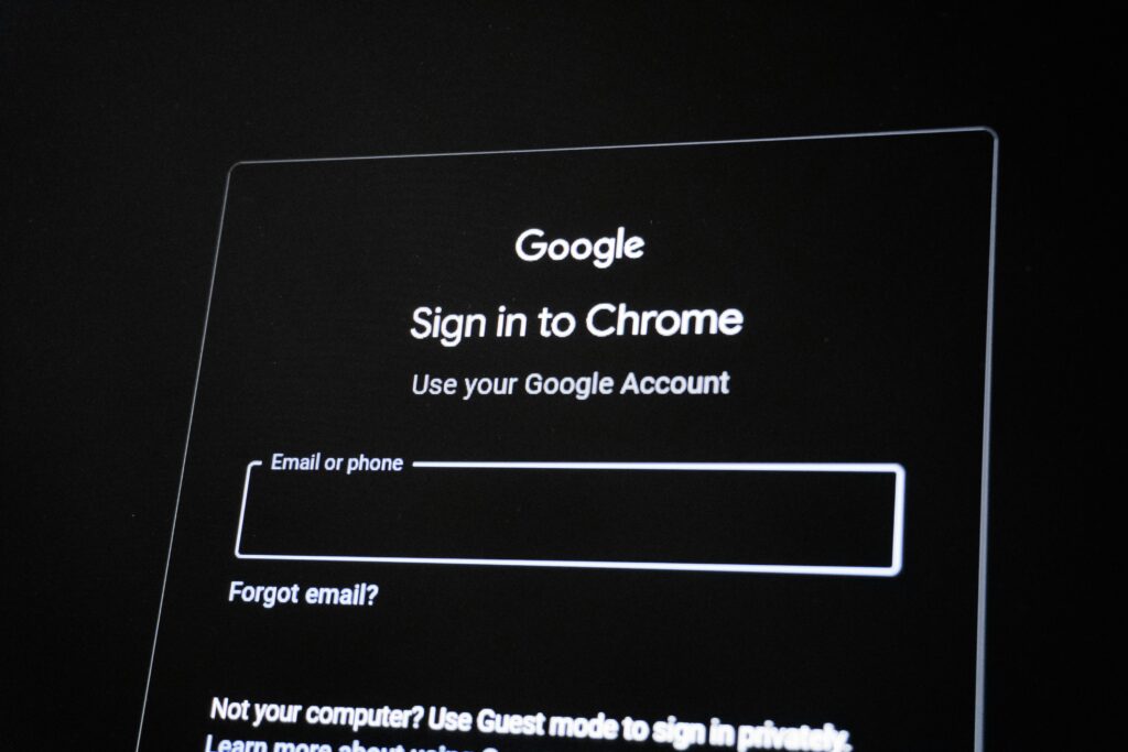 Google login screen by Zulfugar Karimov on Unsplash: https://unsplash.com/photos/google-chrome-sign-in-screen-with-email-field-gyfe_R7KDZU